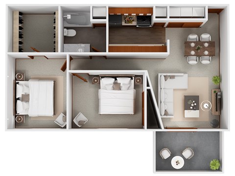 Floor plan for 2 beds, 1 bath, 836 sqft